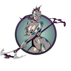1girls alien alien_girl aquaris(sf2) aquaris_(sf2) armor diamond_(marking) double-blade female fins fish_humanoid forehead_jewel half_naked mti nekki nude_edit nude_filter shadow_fight shadow_fight_2 spear tagme third-party_edit