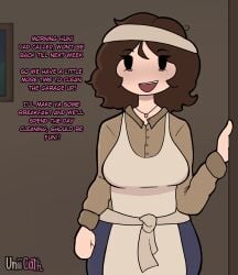 1girls 2d apron breasts brown_hair collared_shirt color dialogue english english_text female female_focus female_only freckles freckles_on_face headband hips light_skin light_skinned_female mature_female milf mother necklace solo solo_female solo_focus standing text uniimom waist