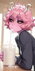 1girls ai_generated black_sclera blazer blush boku_no_hero_academia collared_shirt cum_in_mouth cum_in_mug cum_trail drinking_cum excessive_cum female head_tilt holding_mug horns indoors leaning_on_elbow long_sleeves looking_at_viewer messy_hair mina_ashido molamaxuy my_hero_academia pink_hair pink_skin school_uniform sexy short_hair side_view skinny solo yellow_eyes