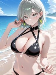 1girls ai_generated bangs bare_arms beach_background bikini black_nails breasts diabellestarr_the_dark_witch diabellstar_the_black_witch earrings female female green_eyes hi_res konami looking_at_viewer navel outdoors painted_nails pose short_hair silver_eyes silver_hair solo squirtle0007 young yu-gi-oh!