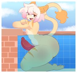 absurd_res ass big_butt big_penis bluecarrotdick felid feline femboy finn_(itsjay) genitals hi_res lion looking_at_viewer male mammal nipple_piercing nipples pantherine partially_submerged penis piercing pool solo