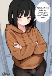 1boy absurd_res absurdres ai_assisted ai_generated balls black_hair blush bob_cut brown_hoodie bulge_through_clothing cowboy_shot crossdressing crossed_arms dark_capri_pants, dark_eyes english_text female femboy feminine_body feminine_boy feminine_male feminization flat_chest glow glow5x high_resolution highres indoor looking_at_viewer male original original_artwork original_character otoko_no_ko plump_lips room self_upload she shiny_skin sissy solo text text_bubble tomgirl trap watermark wide_hips