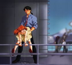 2boys 2girls ? absurdres age_difference amondetauro black_hair black_pants blue_shirt blurry blurry_background blush breasts clenched_teeth clothed_sex dress female highres ikari_shinji interface_headset_(evangelion) kaji_ryouji katsuragi_misato long_hair low_ponytail male mature_male misato_katsuragi multiple_boys multiple_girls necktie neon_genesis_evangelion open_mouth orange_hair outdoors pants ponytail red_necktie sex sex_from_behind shirt small_breasts souryuu_asuka_langley stealth_sex straight teeth watch wristwatch yellow_dress