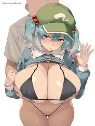 1boy 1girls big_breasts bikini blue_eyes blue_hair breasts cap faceless_male grabbing_from_behind hat holding_breasts huge_breasts kagiyama_shachou key_necklace lifting_shirt light-skinned_female nitori_kawashiro thick_thighs thighs touhou white_background