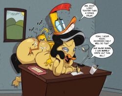 1boy 1girls anthro anthro_on_anthro ass avian big_ass bird black_hair breasts chair desk dialogue doggy_style duck duckman duckman_(character) eric_duckman fat_ass female gigantic_ass glasses hair huge_ass indoors jodero large_ass larger_female male male/female mature mature_anthro mature_female mature_male nipples open_mouth paper pencil penis_in_pussy plap_(sound) red_hair sex size_difference small_dom_big_sub smaller_male straight straight_sex text text_bubble