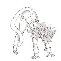 ass_up big_breasts big_thighs cat_stretch dragon_ball dragon_ball_super dragon_ball_z embrassed gloves monkey_tail oc saiyan shorts stockings sweatdrop tail thunder_thighs