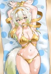 1girl 1girls animal_ears armpits arms_up beach_towel big_boobs big_breasts bikini bound bound_wrists breasts ddrawins eyeshadow ferret_ears ferret_girl ferret_tail food fruit gold_bikini gold_hairband gold_ribbon golden_week green_eyes green_eyeshadow green_hair green_tail hair_between_eyes hairband hands_tied hands_up indie_virtual_youtuber indie_vtuber inviting laimu large_breasts laying_on_back laying_on_beach light-skinned_female lime_(fruit) lime_slice long_hair looking_at_viewer lying makeup navel on_back ponytail ribbon sand swimsuit thighs towel tummy virtual_youtuber vtuber white_hair