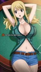 :o ai_generated armpits arms_behind_head arms_up bare_shoulders belt belt_buckle blonde_hair blue_shorts breasts brown_belt brown_eyes buckle cleavage collarbone collared_shirt cowboy_shot denim denim_shorts fairy_tail female green_shirt hair_between_eyes large_breasts long_hair looking_at_viewer low_twintails lucy_heartfilia lying meitabuu midriff navel on_back open_mouth partially_unbuttoned shirt short_shorts shorts sidelocks sleeveless sleeveless_shirt solo stomach table thighs twintails unbuttoned