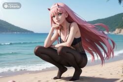 1girls ai_generated aqua_eyes beach black_bra black_panties black_pantyhose blue_sky bra breasts cleavage collarbone darling_in_the_franxx day feet female floating_hair full_body green_eyes hairband hi_res horns long_hair looking_at_viewer medium_breasts no_shoes ocean outdoors panties panties_under_pantyhose pantyhose pink_hair r34arts sand sky smile solo squatting thighband_pantyhose underwear very_long_hair water white_hairband zero_two_(darling_in_the_franxx)