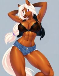 abs ai_generated anthro black_bra bra brown_body cropped_vest cutoffs denim_shorts equine female female horse_girl large_breasts long_hair low-tied_long_hair open_vest platinum_blonde_hair purple_eyes solo standing toned vest zorkpics