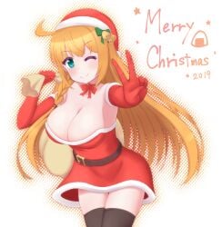 1girls 2019 breasts christmas christmas_2019 cleavage english_text female pecorine pecorine_(princess_connect!) princess_connect! tagu_hblabe text