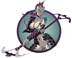 1girls accurate_art_style alien alien_girl aquaris(sf2) aquaris_(sf2) armor diamond_(marking) double-blade female fins fish_humanoid forehead_jewel half_naked nekki nude_edit nude_filter png shadow_fight shadow_fight_2 spear tagme third-party_edit transparent_background