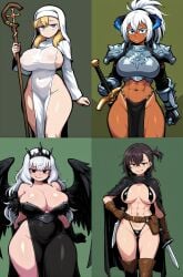 4girls abs ai_generated armour bare_shoulders belt big_ass big_breasts bikini black_eyes black_wings blonde_hair blue_eyes brown_hair character_sheet chestplate covered_nipples crown curvy_figure dnd dress dungeons_and_dragons ebony fit fit_female gauntlets green_background green_eyes horns jaggy_lines large_breasts looking_at_viewer mayyreel medieval medium_breasts muscular_female nun original original_character panties pelvic_curtain ponytail revealing_clothes rpg_maker see-through see-through_clothing serious smirk succubus sunburn sword thick_thighs thief tool_belt wand warrior white_hair wings