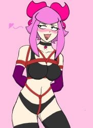 arms_behind_back blush bondage brawl_stars crotch_rope gloves melodie_(brawl_stars) pink_hair rope thighhighs tied_up underwear