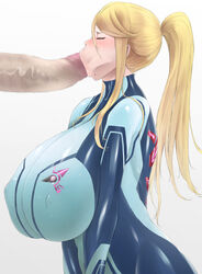 1girls :>= big_breasts big_penis blonde blonde_hair breasts fellatio female huge_breasts huge_cock huge_penis just_the_tip light-skinned_male light_skin long_hair male metroid nintendo nipple_bulge ogura_anko oral pale-skinned_female pale_skin samus_aran straight tagme