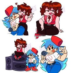 backwards_baseball_cap belt big_breasts black_jeans black_pants blue_hair blue_jeans boyfriend_(friday_night_funkin) brown_hair chest_hair chin_beard friday_night_funkin genderswap girlfriend_(friday_night_funkin) hip_bump long_hair microphone pixelzsinful red_cap red_sneakers red_vest rule_63 shirtless_male sitting_on_speaker speakers thick_thighs toned_body white_crop_top wide_hips wink