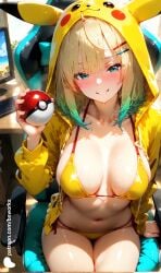 1girls ai_generated bikini blonde_hair blue_eyes blush bra breasts bsworks cosplay female gradient_hair hoodie ksenia_(bsworks) medium_breasts medium_hair original original_character panties pikachu pikachu_(cosplay) pokeball pokemon russian sitting unzipped