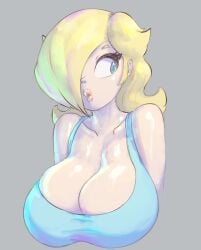big_breasts breasts breasts_bigger_than_head breasts_spilling_out cleavage clothed hanging_breasts heavy_breasts lickagoat looking_to_the_side low_cut_top mario_(series) princess_rosalina shoulders super_mario_galaxy tank_top top_heavy