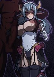 1boy absurdres ahoge amakubo_yuri animal_ears animal_print aoi_tabane blue_hair blush breasts censored cow_ears cow_girl cow_horns cow_print cow_tail dark-skinned_male dark_skin elbow_gloves erection faceless faceless_male female garter_straps gloves grabbing_another's_breast grin groping handjob heart heart-shaped_pupils highres horns huge_cock interracial kouyoku_senki_exs-tia lactation large_breasts large_penis long_hair looking_at_viewer maid_headdress milk_slave_maid_exs-tia mosaic_censoring nipples overskirt penis purple_eyes pussy_juice showgirl_skirt smile solo_focus straight sweat symbol-shaped_pupils tail testicles thighhighs twintails virtual_youtuber
