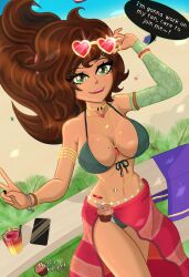 1girls alcohol alcoholic_drink balcony beach belly_chain bikini breasts brown_hair choker cocktail detached_sleeves dialogue eyewear_on_head female green_eyes heart_sunglasses jewelry large_breasts lens_flare looking_at_viewer looking_up mole mole_on_breast mole_under_eye muffin_knight muffin_knight_(artist) necklace palm_tree peace_sign ponytail smiling_at_viewer solo sunglasses swimsuit text thin thin_waist towel towel_around_waist