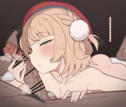 ... 1boy ass beret blonde_hair blush breasts breath censored censored_penis cleavage closed_mouth collarbone dark-skinned_male dark_skin erection female green_eyes hair_ornament hat highres indie_virtual_youtuber interracial japanese_text large_penis looking_at_viewer lying male male_pubic_hair nude on_stomach penis penis_on_face pom_pom_(clothes) pom_pom_hair_ornament pubic_hair red_hat saliva shigure_ui_(vtuber) short_hair simple_background straight sweat text tostos virtual_youtuber