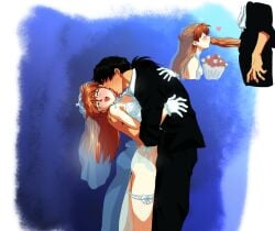 1boy age_difference amondetauro black_hair blush bouquet breasts bridal_veil cleavage commentary corset erection female fishnet_thighhighs fishnets gloves heart highres kaji_ryouji kissing_penis licking licking_another's_neck lingerie low_ponytail male mature_male medium_breasts neon_genesis_evangelion orange_hair panties penis ponytail shirt sitting souryuu_asuka_langley straight suit thighhighs uncensored underwear veil veins veiny_penis white_corset white_gloves white_panties white_shirt