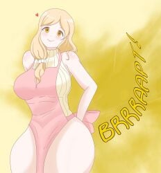 apron big_breasts blonde_hair breasts_bigger_than_head fart fart_cloud fart_fetish farting female hands_behind_back hands_on_ass heart looking_at_viewer navi02 no_pants older_female simple_background smile sweater thick_thighs wide_hips yellow_eyes