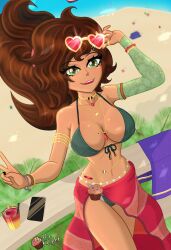 1girls alcohol alcoholic_drink balcony beach belly_chain bikini breasts brown_hair choker cocktail detached_sleeves eyewear_on_head female green_eyes heart_sunglasses jewelry large_breasts lens_flare looking_at_viewer looking_up mole mole_on_breast mole_under_eye muffin_knight muffin_knight_(artist) necklace palm_tree peace_sign ponytail smiling_at_viewer solo sunglasses swimsuit thin thin_waist towel towel_around_waist