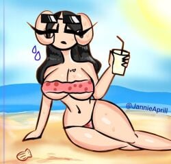 beach beach_background big_breasts big_breasts big_eyelashes big_thighs bikini closed_eyes curved_horns holding_glass_cup jannie_april small_waistthick_thighs suggestive sweating sweaty_boobs sweaty_breasts sweaty_thighs
