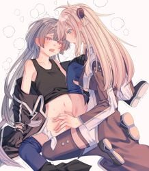 2girls black_necktie blonde_hair blush breasts brown_necktie clothed_sex collared_dress dress duel_monster emptyayya female gloves grey_hair head_steam highres long_hair long_sleeves multiple_girls necktie red_eyes simple_background sky_striker_ace_-_raye sky_striker_ace_-_roze sweat two-tone_dress white_background yu-gi-oh! yuri