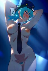 ai_assisted ai_generated blue_hat blush green_hair handcuffed officer_jenny_(pokemon) pubic_hair pussy sweat sweatdrop tie uncensored vagina