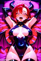 (titancore) ai_generated breasts demon_girl dominant_female female latex_clothing laying_on_bed monster_girl mouth_open pink_eyes red_hair skimpy_outfit succubus succubus_horns succubus_wings tongue_out