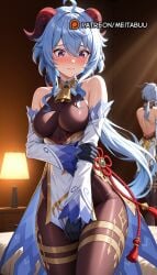 ahoge ai_generated back backless_outfit bare_shoulders bed bell black_gloves blue_hair blush bodystocking breasts brown_pantyhose chinese_knot closed_mouth covering_crotch covering_privates cowbell cowboy_shot detached_sleeves dress embarrassed female flower_knot from_behind ganyu_(genshin_impact) genshin_impact gloves goat_horns gold_trim groin hair_between_eyes hand_on_own_arm holding_own_arm horns indoors lamp leotard leotard_under_clothes long_hair long_sleeves looking_at_viewer looking_down low_ponytail medium_breasts meitabuu mirror multicolored_eyes neck_bell nose_blush pantyhose pelvic_curtain purple_eyes red_rope reflection rope sidelocks solo standing tassel thighlet thighs very_long_hair vision_(genshin_impact) waist_cape white_sleeves