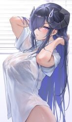 arms_up august_von_parseval_(azur_lane) august_von_parseval_(the_unhulde's_midday_respite)_(azur_lane) azur_lane black_bra blue_eyes blue_hair blush bra bra_visible_through_clothes breasts collared_shirt curled_horns e.c.ho female from_side hair_over_one_eye hands_in_hair headgear horns huge_breasts large_breasts long_hair looking_at_viewer mechanical_horns one_eye_covered parted_lips purple_eyes purple_hair see-through see-through_shirt see-through_silhouette shirt short_sleeves solo sweat underwear very_long_hair wet wet_clothes wet_shirt white_shirt window_blinds