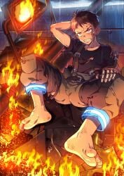 1boy barefoot beitemian belt betm big_eyes big_feet big_head blood_stain brown_hair bruise burning clenched_teeth collarbone enen_no_shouboutai feet fire fire_force firefighter firefighter_uniform flame fluorescent_light foot_fetish frown gauntlets gay hands_behind_head hi_res injury kusakabe_shinra laceration magenta_eyes male male_only mature_male no_visible_genitalia outdoors rain raining rubble scar scar_on_arm scar_on_face scar_on_forehead shinra_kusakabe short_hair sitting soles solo spread_legs straps suspenders toes torn_clothes tough_guy trash wince yaoi young