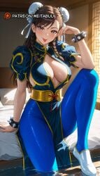 :p ai_generated bandai_namco blue_dress blue_pantyhose blush bracelet braid breasts brown_eyes brown_hair bun_cover capcom china_dress chinese_clothes chun-li cleavage cleavage_cutout clothing_cutout cosplay double_bun dress epic_games female fortnite fortnite:_battle_royale gold_trim hair_bun hair_ribbon hand_up indoors jewelry large_breasts long_hair looking_at_viewer meitabuu on_bed pantyhose pelvic_curtain pillow puffy_short_sleeves puffy_sleeves ribbon sash shoes short_sleeves sitting smile soaking_feet solo spiked_bracelet spikes street_fighter street_fighter_6 street_fighter_v thighs tongue tongue_out twin_braids water wet white_footwear white_ribbon