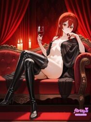 ai_assisted ai_generated alcohol armchair bangs black_footwear black_legwear boots breasts candlestand canopy_bed chair collarbone couch crossed_legs cup curtain_grab curtains drinking_glass eyebrows_visible_through_hair female flirtzy.ai full_body hair_between_eyes high_heel_boots high_heels holding holding_cup indoors lace lace-trimmed_legwear lace_trim long_hair looking_at_viewer medium_breasts navel orange_eyes red_hair sitting solo thigh_boots thighhighs throne window wine wine_glass
