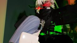 1girls 1other 1x1x1x1 1x1x1x1_(forsaken) 3d areolae arms arms_up betrayed_1x1x1x1 big_ass black_body blue_hair breasts crown dream_game eunoia forced forced_oral futanari green_body haunted_house on_floor pinned popsiclethekat roblox roblox_game robot white_body white_hair
