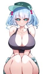 1girls big_breasts blue_eyes blue_hair breasts cap cleavage clothed_female hat light-skinned_female nitori_kawashiro raptor7 solo solo_female tank_top thick_thighs thighs touhou white_background
