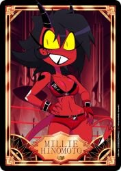 1girls bare_arms bare_legs bare_shoulders bare_thighs big_breasts black_hair clothed clothing color demon demon_girl demon_horns demon_tail english_text female female_focus female_only great_dude helluva_boss hi_res imp large_breasts millie_(helluva_boss) red_body red_skin short_hair solo solo_female tagme text thick_thighs wrestler wrestling