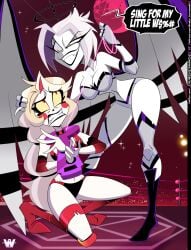 2girls angel angel_girl angel_wings aureola bare_arms bare_legs bare_shoulders bare_thighs big_breasts blonde_hair chained chains charlie_morningstar_(hazbin_hotel) clothed clothing color demon demon_girl english_text female female_focus female_only fighting great_dude hazbin_hotel hi_res large_breasts light-skinned_female light_skin long_hair lute_(hazbin_hotel) red_eyes short_hair tagme text text_bubble thick_thighs vivienne_medrano white_hair wrestler wrestling wrestling_outfit wrestling_ring