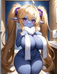 ai_generated ass big_ass big_breasts blue_skin breasts female league_of_legends naked_towel pointy_ears poppy standing thick_thighs twintails yordle