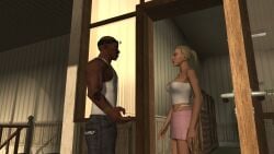 3d blonde_hair breasts breasts breasts carol_anne dark-skinned_male gangster hitman hitman_blood_money io-interactive miniskirt pink_skirt talking video_games white_skin white_topwear