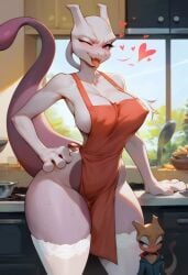 ai_generated anthro apron big_breasts blush breasts clothing curvy curvy_figure female furry humanoid mammal mewtwo nipples pokemon pokemon_(species) solo_female thick_thighs thighs tongue tongue_out wide_hips wink