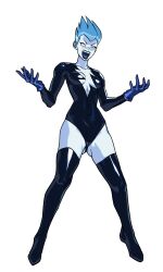 baka_guruo bare_hips black_leotard black_lips blue_eyes blue_gloves blue_hair blue_skin blue_tongue boots breasts cameltoe center_opening cleavage colored_skin colored_tongue covered_navel covered_pussy dc dc_animated_universe dc_comics female from_below gloves highres leotard livewire medium_breasts pussy shiny_clothes simple_background sleeved_leotard smirk spiked_hair superman_(series) thigh_boots thighs white_background