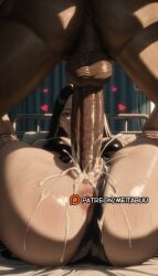 1boy ai_generated anus ass bed black_bra black_eyes black_hair black_panties bleach bleach:_the_thousand-year_blood_war bleach_brave_souls bra breasts clothing_aside cum cum_in_pussy cum_overflow dark-skinned_male dark_skin ejaculation erection female folded heart indoors interracial large_breasts large_penis leg_grab legs_up long_hair lying mating_press meitabuu missionary on_back on_bed panties panties_aside penis puckered_anus pussy sex shonen_jump solo_focus spread_legs straight sweat testicles uncensored underwear unohana_retsu vaginal_penetration veins veiny_penis