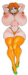 absurdres alternate_breast_size bikini blue_eyes breasts breasts_bigger_than_head brown_hair female gaixas1 gaixas1draw grin highres large_breasts legs looking_at_viewer mario_(series) micro_bikini navel nintendo princess princess_daisy short_hair smile solo super_mario_land swimsuit thighs toned topless traditional_media