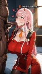 1boy :>= ai_generated black_pantyhose blush breasts censored cleavage clothed_female_nude_male collarbone dark-skinned_male dark_skin darling_in_the_franxx detached_collar dress erection fellatio female green_eyes hairband heart horns indoors interracial large_breasts long_hair long_sleeves male_pubic_hair meitabuu military military_uniform mosaic_censoring necktie nude oral orange_necktie pantyhose penis pink_hair pubic_hair red_dress red_horns short_necktie sitting solo_focus straight sweat testicles thighs uniform veins veiny_penis white_hairband zero_two zero_two_(darling_in_the_franxx)