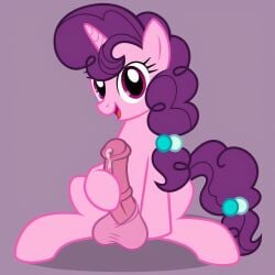 accurate_art_style ai_generated animal_genitalia balls friendship_is_magic futanari horse_penis horsecock horsecock_futanari looking_at_viewer masturbation my_little_pony penis penis_out sitting smile solo sugar_belle_(mlp) testicles unicorn
