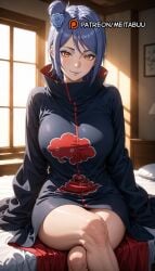 ai_generated bed black_jacket blue_flower blue_hair blue_rose breasts closed_mouth crossed_legs eyeshadow feet_out_of_frame female flower hair_bun hair_flower hair_ornament high_collar indoors jacket konan large_breasts lips long_sleeves looking_at_viewer makeup meitabuu naruto naruto_(series) naruto_shippuden on_bed orange_eyes pillow rose short_hair single_hair_bun single_side_bun sitting sleeves_past_fingers sleeves_past_wrists smile solo sunlight thighs window